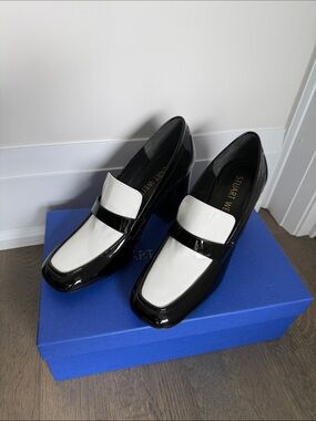 NWT Stuart Weitzman Sleek 85 Loafer Heels Black & White Patent Leather Size 9